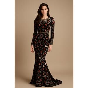 MAC DUGGAL 93925 Black Mutlicolored Beaded Sequin Long Sleeves Formal Dress sz 2